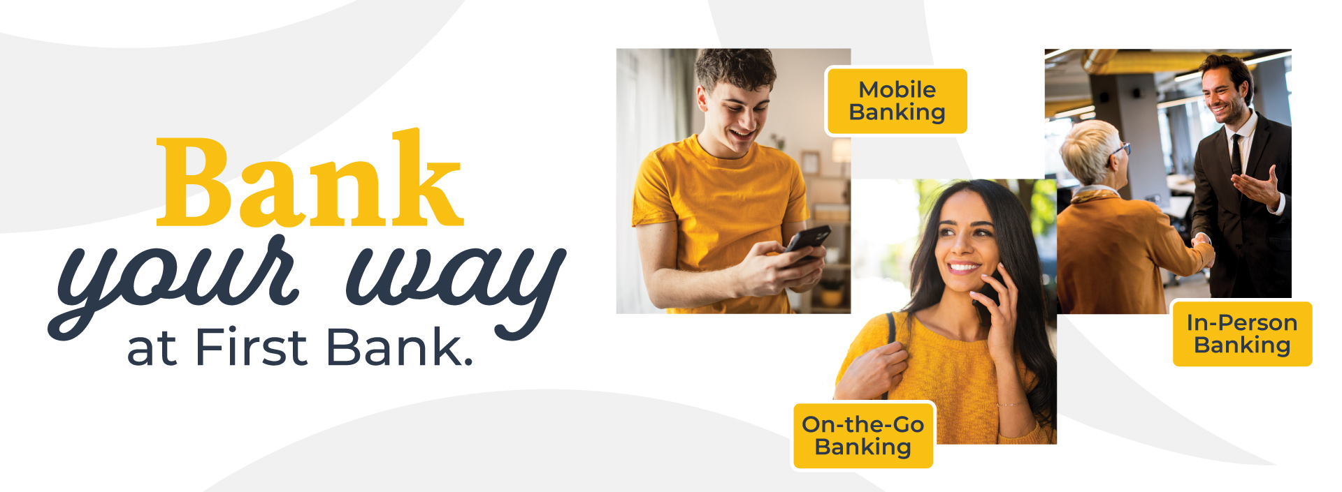 pictures of three ways to bank, mobile, phone or in-person